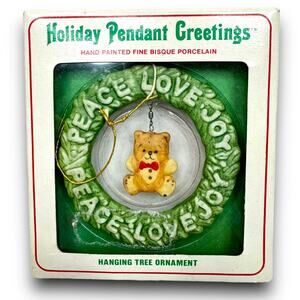 Vintage Jasco Taiwan Hand Painted Bisque Porcelain Wreath Bear Tree Ornament